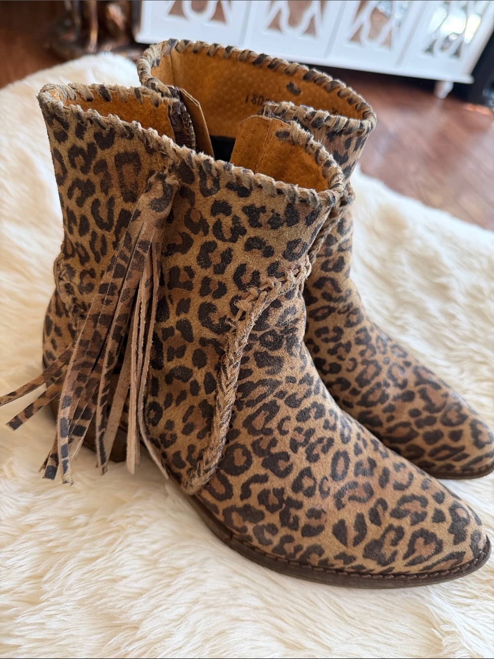 Sheryl Crow Sibel Leopard Print Fringe Ankle Boots - Brown